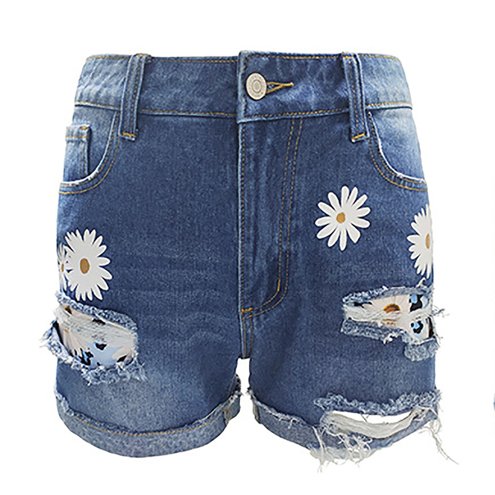 Women Denim Shorts Daisy Print Ripped Frayed Cuffed Mid Rise Jean Short Pants